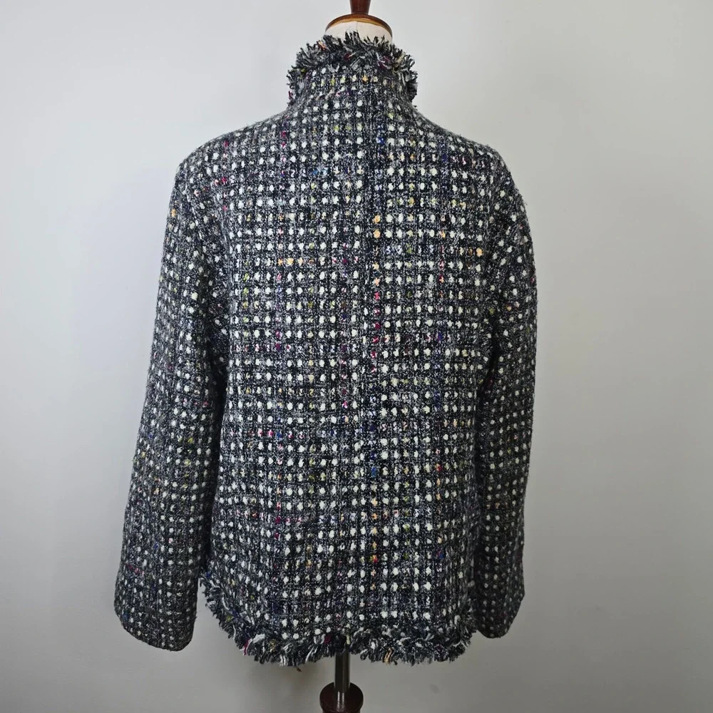 Chico's Women Size 2 Black Multi Color Tweed Fringe Open Front Blazer Jacket - Picture 2 of 5
